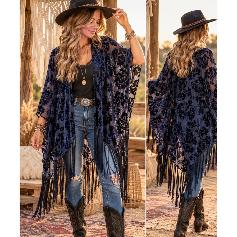 Signature Navy Blue Velvet Burnout Floral Kimono Wrap Fringe Trim One Size